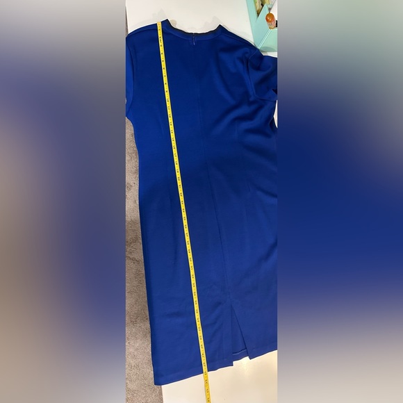 New ST. JOHN Cobalt Blue Dress Wool Shift Sheath Sweater Knit Navy Silk Trim - Picture 12 of 16